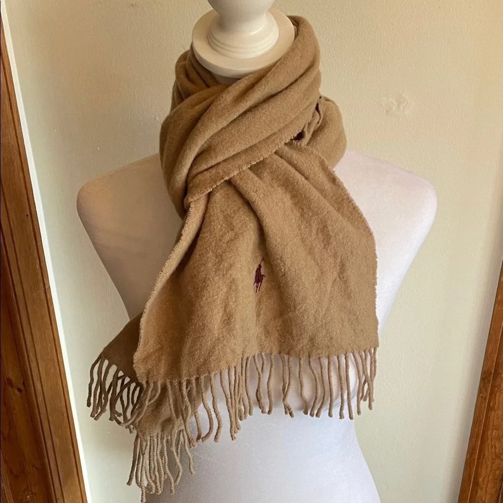 POLO RALPH LAUREN Camel Fringe Lambswool Scarf Vintage